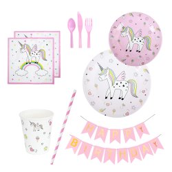 Enhjrning Unicorn St 12 Pers.  Paptallerkner Papkrus Servietter Bestik Guirlande