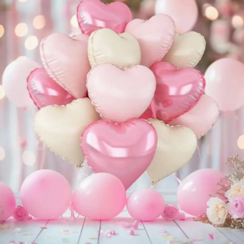 Hjerte Folieballon St- Lyserd, Pastel Lyserd ,Cremefarvet 