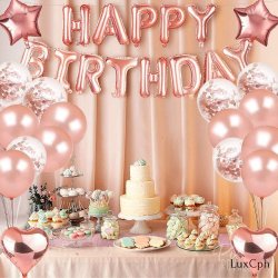 Happy Birthday Ballon St - Rosaguld Med Kvast og Backdrop