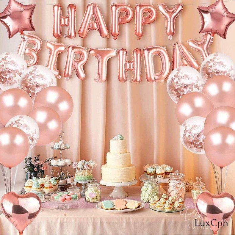 Happy Birthday Ballon St - Rosaguld Med Kvast og Backdrop