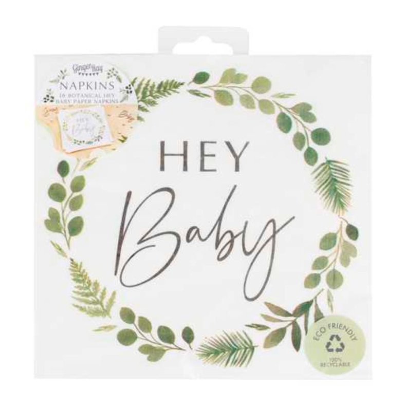 HEY Baby Servietter Hvid / Grn Baby Shower  16 Stk (18 x 17 cm)